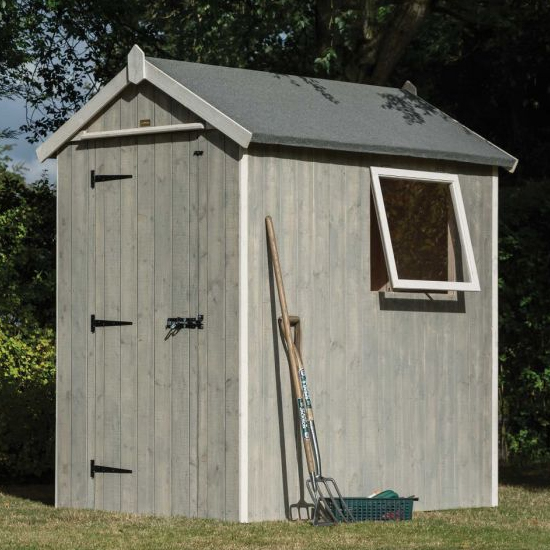 Read more about Hewick wooden 6x4 garden shed in grey wash with white trim