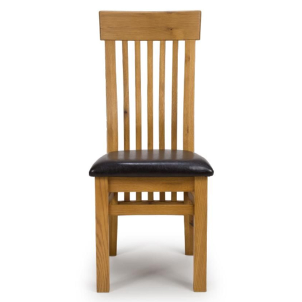 Hewitt Oak Wooden Slat Dining Chairs With Black Leather Seat In Pair