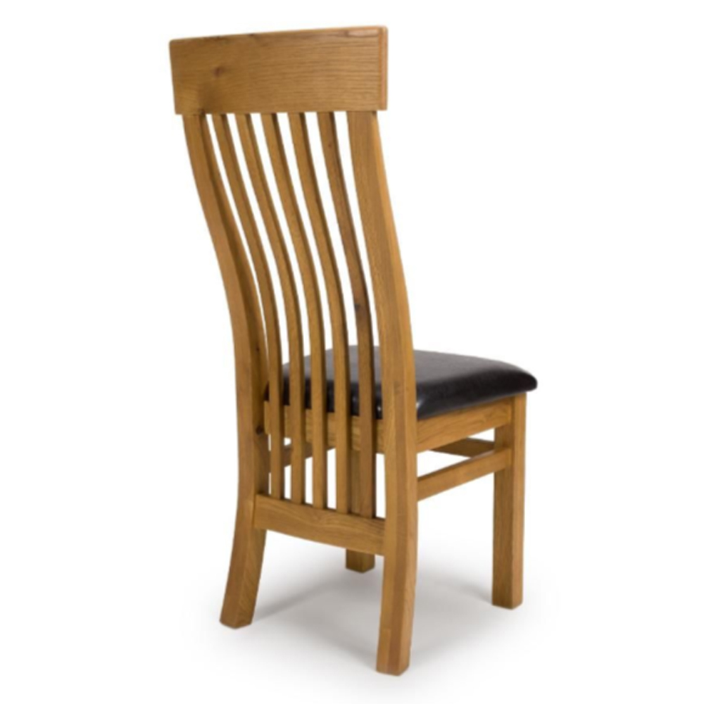 Hewitt Oak Wooden Slat Dining Chairs With Black Leather Seat In Pair