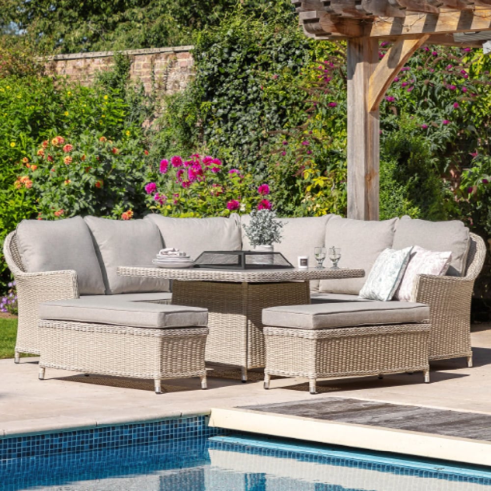 Hewitt Outdoor Ceramic Glass FirePit Corner Dining Set In Stone