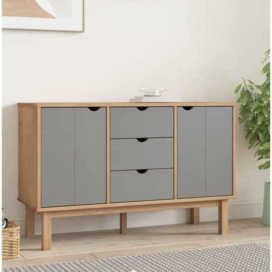 Photo of Hewitt pine wood sideboard with 2 doors 3 drawers in brown grey