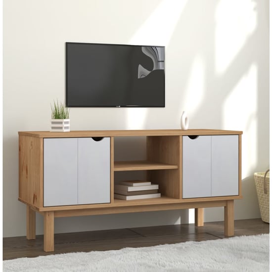 Read more about Hewitt pine wood tv stand with 2 doors in brown and white
