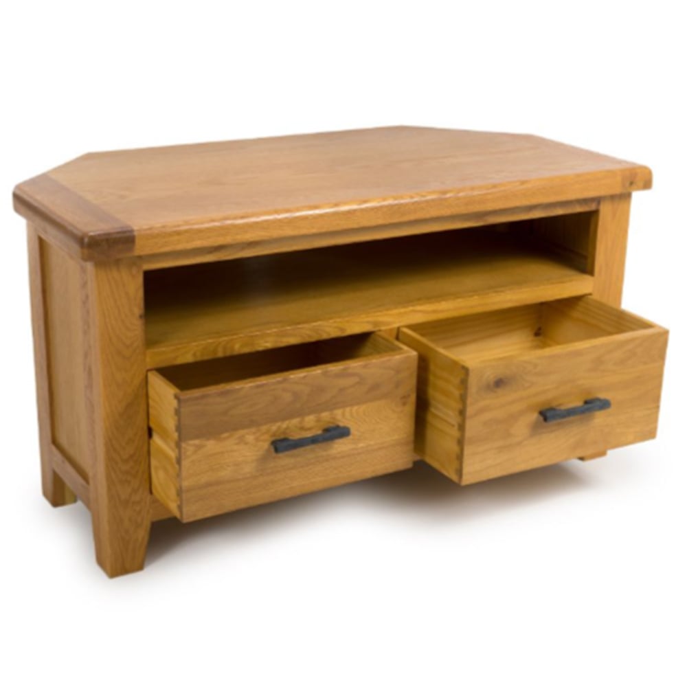 Hewitt Wooden Corner TV Stand With 2 Drawers In Rustic Oak