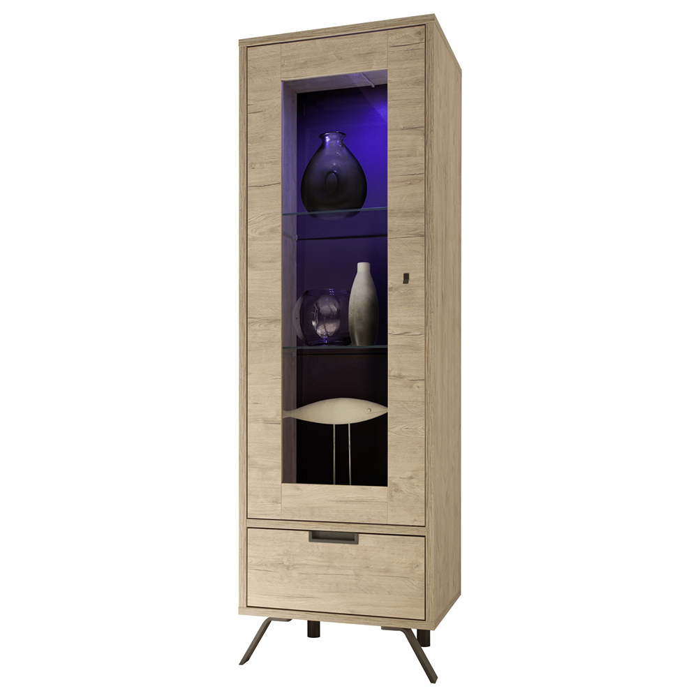 Heyford Wooden Display Cabinet 1 Door In Sherwood Oak And LED