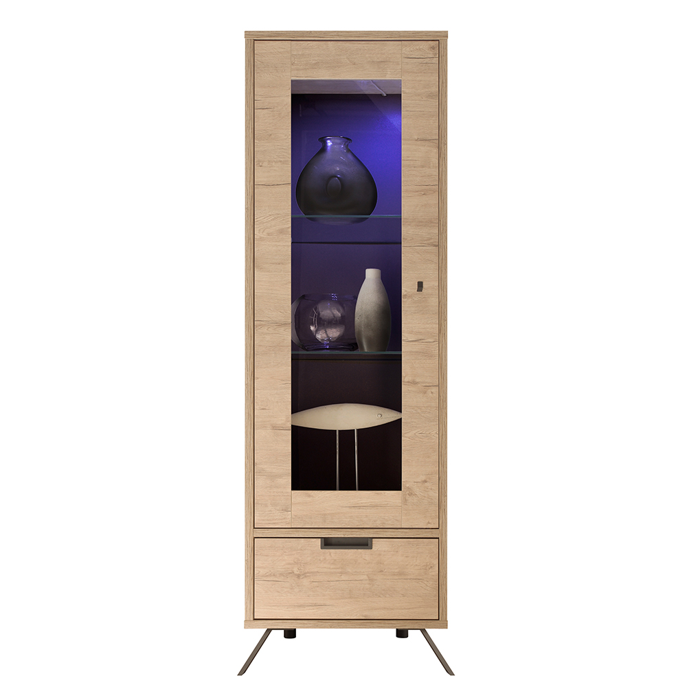 Heyford Wooden Display Cabinet 1 Door In Sherwood Oak And LED