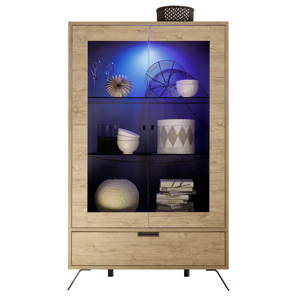 Heyford Wooden Display Cabinet 2 Doors In Sherwood Oak And LED