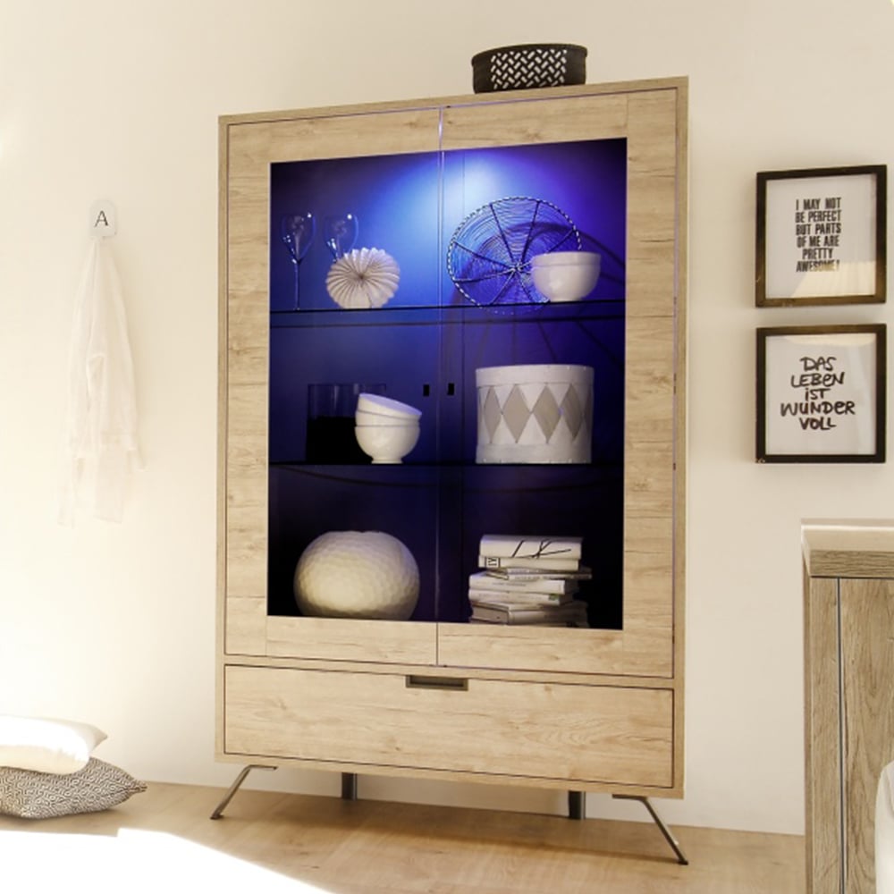 Heyford Wooden Display Cabinet 2 Doors In Sherwood Oak And LED