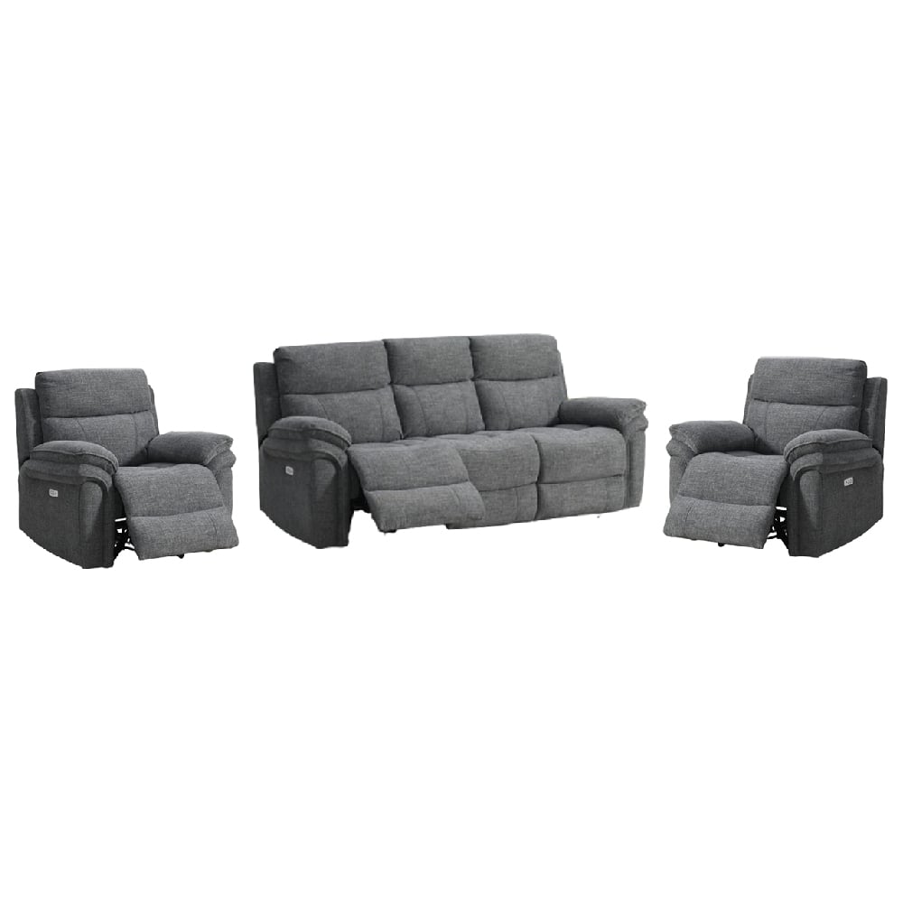 Hialeah Fabric Electric Recliner 3+1+1 Seater Sofa Set In Dark Grey