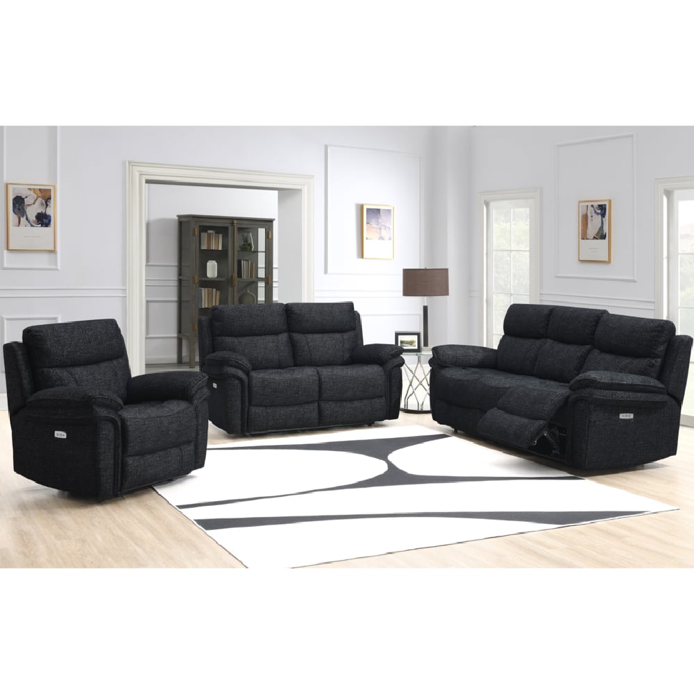 Hialeah Fabric Electric Recliner Sofa Suite In Black