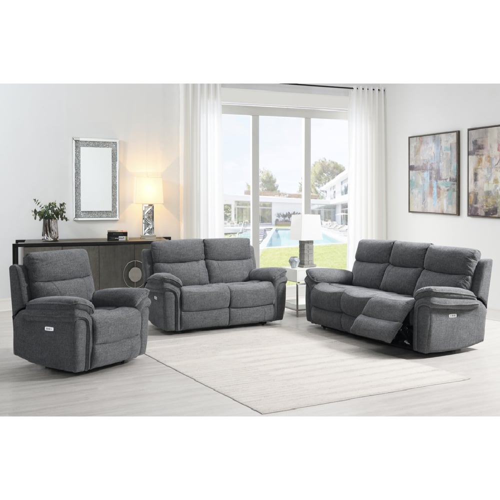 Hialeah Fabric Electric Recliner Sofa Suite In Dark Grey