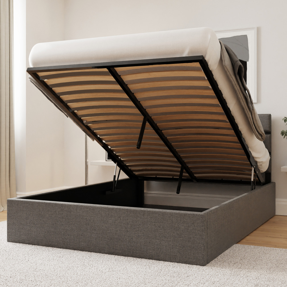 Hickory Fabric Ottoman Storage Small Double Bed In Grey