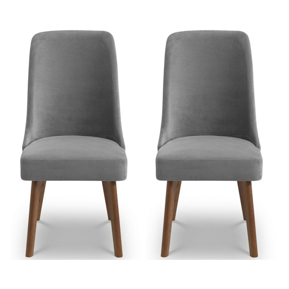 Hidalgo Dusk Grey Fabric Dining Chairs With Walnut Legs In Pair
