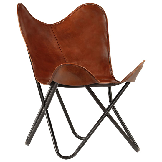 Hideo Real Leather Butterfly Chair In Brown With Metal Frame