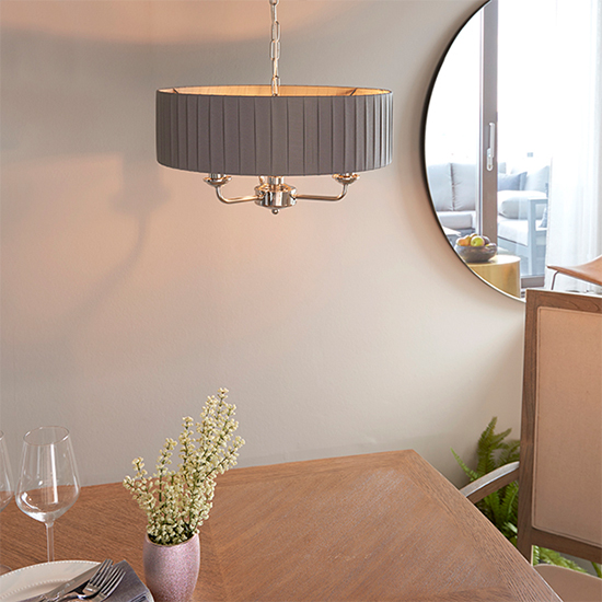 Highclere 3 Light Charcoal Fabric Pendant Light In Bright Nickel