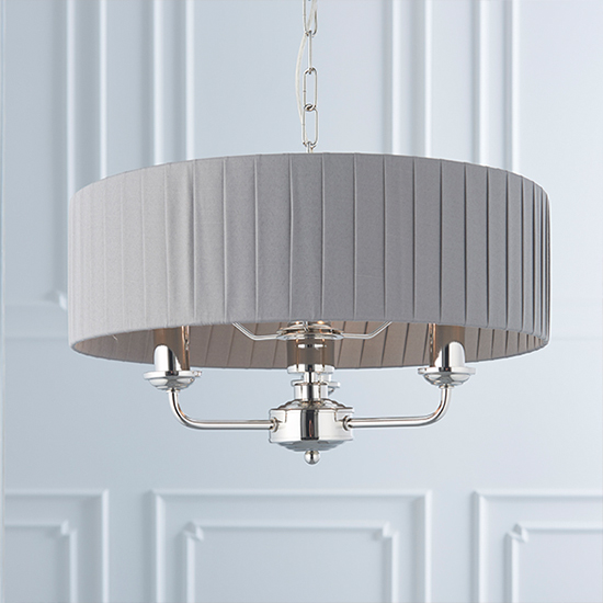 Highclere 3 Light Charcoal Fabric Pendant Light In Bright Nickel