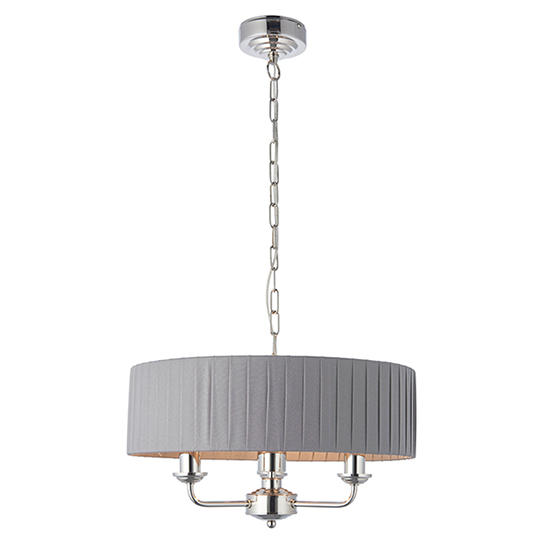 Product photograph of Highclere 3 Light Charcoal Fabric Pendant Light In Bright Nickel from Furniture in Fashion