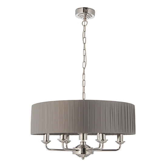 Highclere 6 Light Charcoal Fabric Pendant Light In Bright Nickel