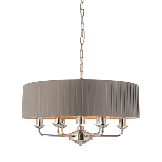 Highclere 6 Light Charcoal Fabric Pendant Light In Bright Nickel