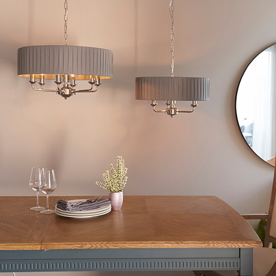 Highclere 6 Light Charcoal Fabric Pendant Light In Bright Nickel