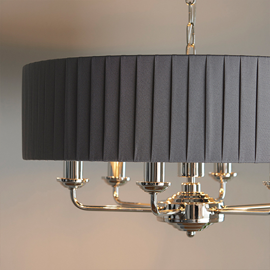 Highclere 6 Light Charcoal Fabric Pendant Light In Bright Nickel
