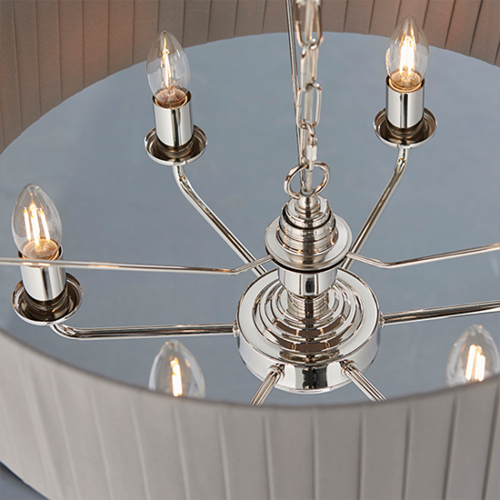 Highclere 6 Light Charcoal Fabric Pendant Light In Bright Nickel