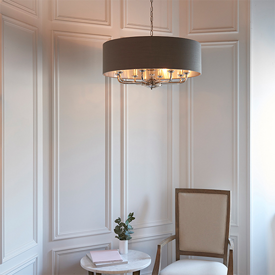 Highclere 6 Light Charcoal Shade Pendant Light In Bright Nickel
