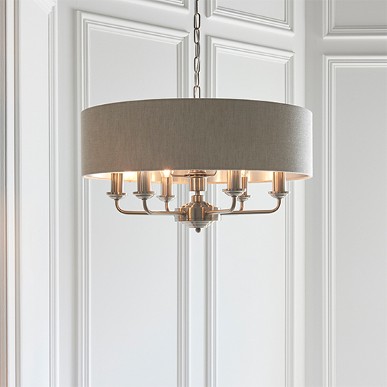Highclere 6 Light Natural Shade Pendant Light In Brushed Chrome