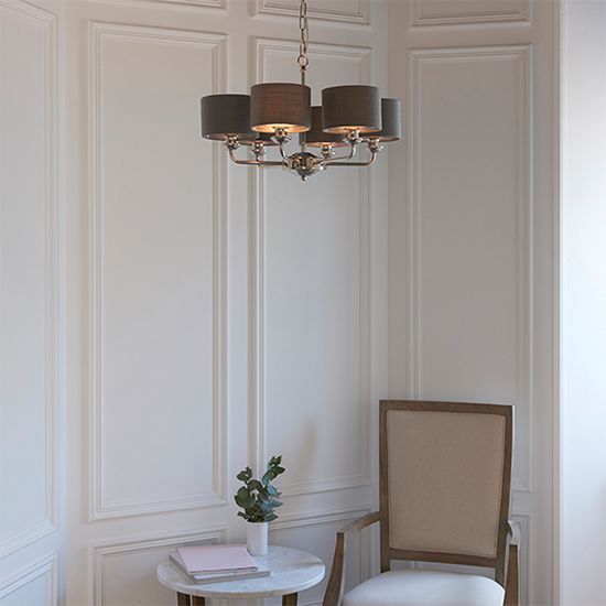 Highclere 6 Lights Charcoal Shade Pendant Light In Bright Nickel