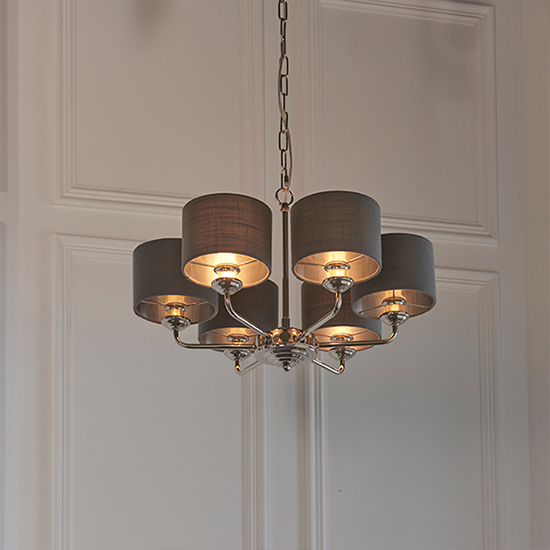 Highclere 6 Lights Charcoal Shade Pendant Light In Bright Nickel