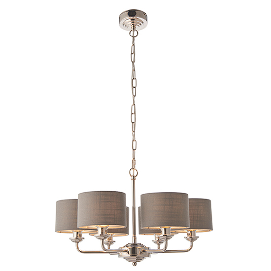 Product photograph of Highclere 6 Lights Charcoal Shade Pendant Light In Bright Nickel from Furniture in Fashion