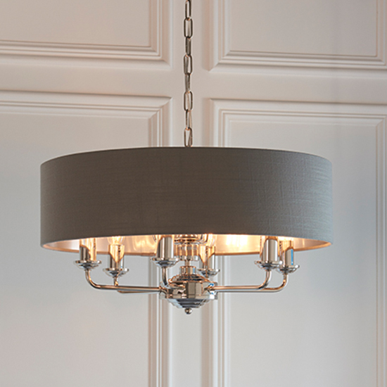 Product photograph of Highclere 8 Light Charcoal Shade Pendant Light In Bright Nickel from Furniture in Fashion