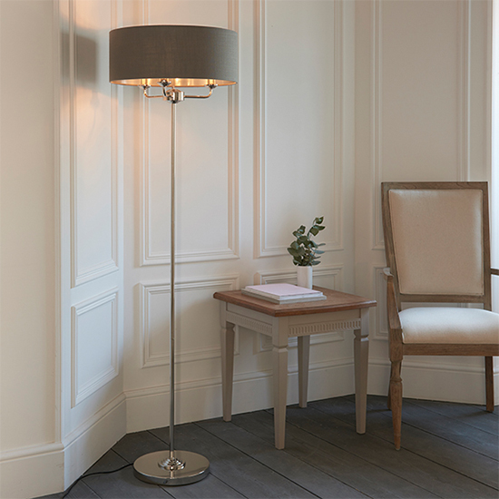 Read more about Highclere charcoal linen shade floor lamp in bright nickel