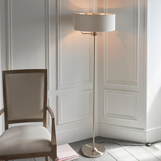 Highclere Natural Linen Shade Floor Lamp In Brushed Chrome