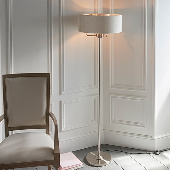 Photo of Highclere natural linen shade floor lamp in brushed chrome