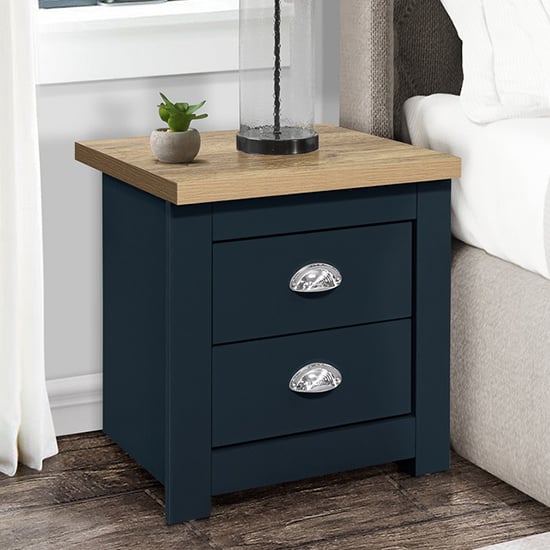 Photo of Highgate wooden bedside cabinet with 2 drawers in blue and oak