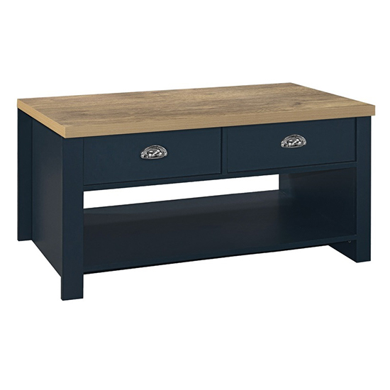 Highgate Wooden Coffee Table With 2 Drawers In Blue And Oak_3