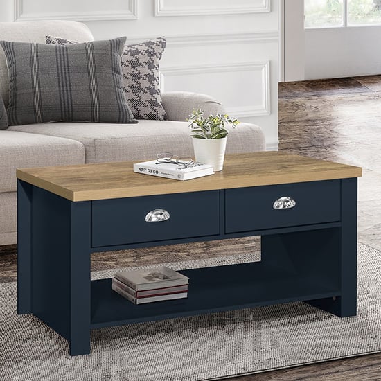Highgate Wooden Coffee Table With 2 Drawers In Blue And Oak_1