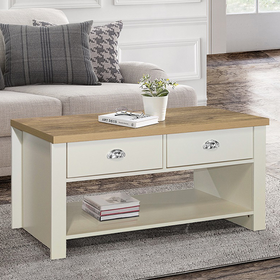 Highgate Wooden Coffee Table With 2 Drawers In Cream And Oak_1