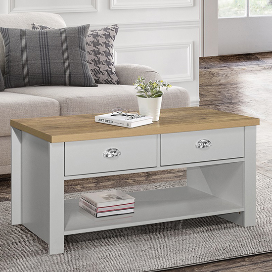 Photo of Highgate wooden coffee table with 2 drawers in grey and oak