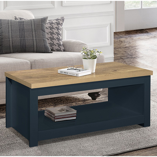 Photo of Highgate wooden coffee table in navy blue and oak