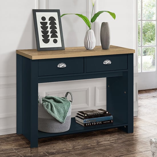 Highgate Wooden Console Table With 2 Drawers In Blue And Oak_1