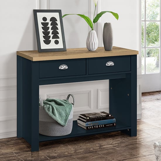 Photo of Highgate wooden console table with 2 drawers in blue and oak