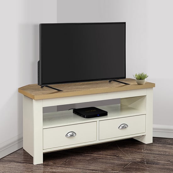 Highgate Corner Wooden TV Stand In Cream And Oak