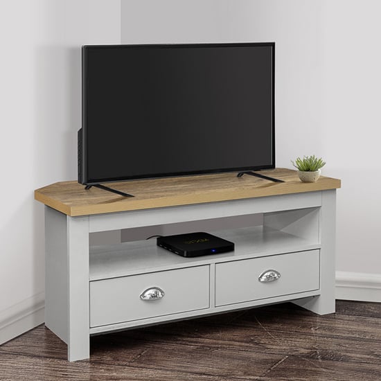 Photo of Highgate corner wooden tv stand in grey and oak