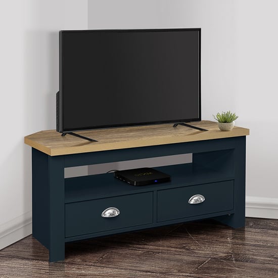 Photo of Highgate corner wooden tv stand in navy blue and oak