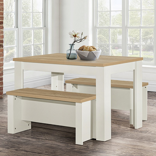 Read more about Highgate wooden dining table and 2 benches in cream and oak