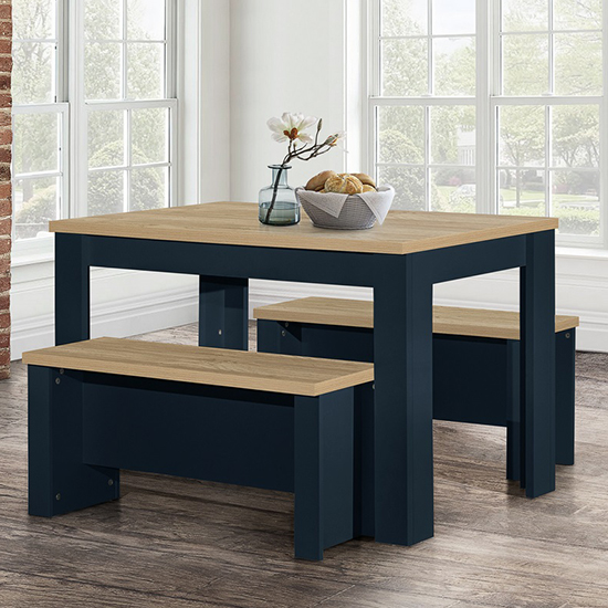 Read more about Highgate wooden dining table and 2 benches in navy blue and oak