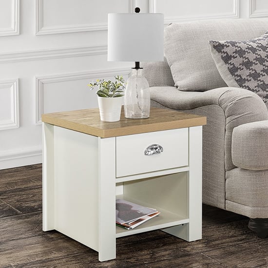 Highgate Wooden Lamp Table With 1 Drawer In Cream And Oak_1
