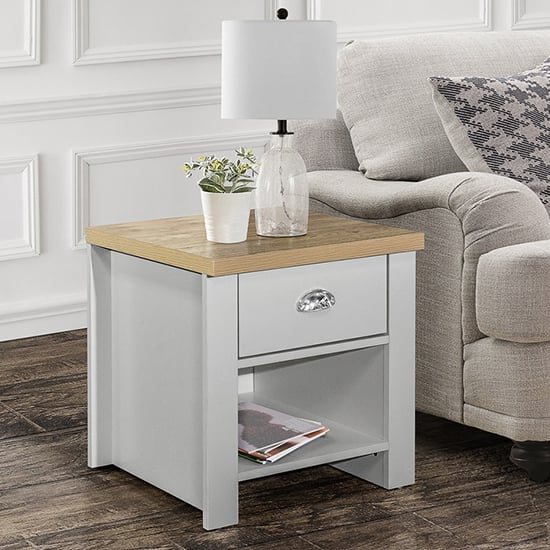 Photo of Highgate wooden lamp table with 1 drawer in grey and oak