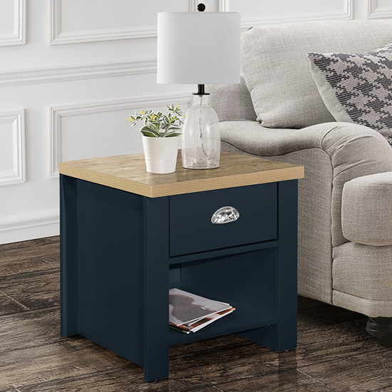 Highgate Wooden Lamp Table With 1 Drawer In Navy Blue And Oak